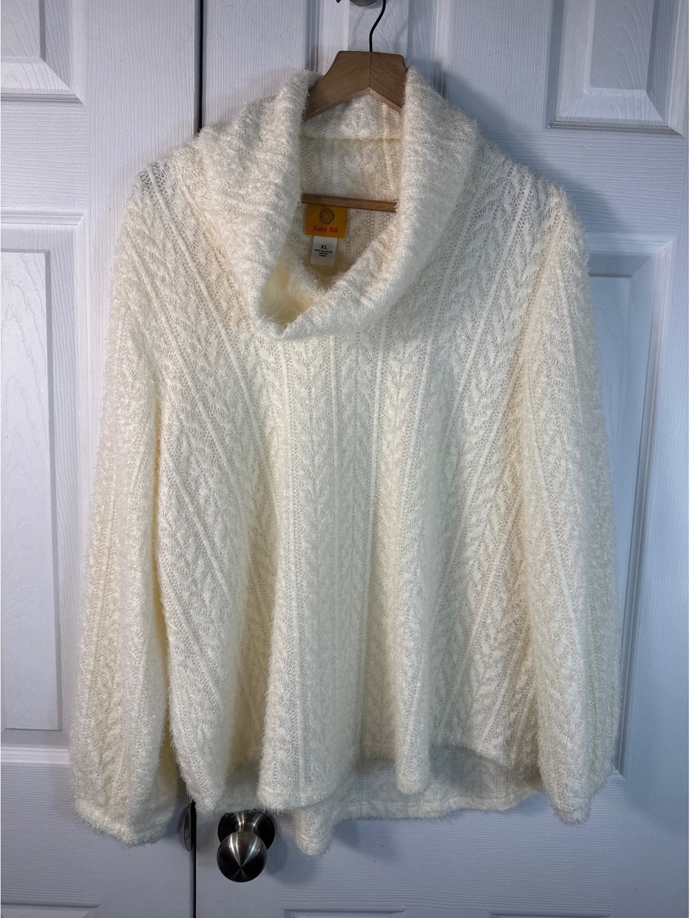 Ruby Rd. XL Ivory Cable Knit Cowl Neck Sweater